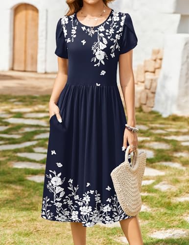 Zeagoo Women Summer Short Sleeve Midi Dress with Pockets Casual Aline Flowy Tshirt Dress Floral Vocation Beach Sundress