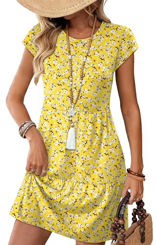 Dresses for Women Summer Dresses for Women 2026 Boho Sundress Spring Hawaiian Beach Vacation Clothes Casual Sundresses Swing Tiered Mini Dress Floral Resort Wear Yellow Dress Easter L