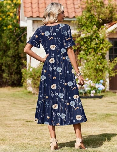 Zeagoo Womens Midi Dresses Spring 2026 Casual Summer Dress Floral Long Dress Ladies Tiered Summer Dresses with Pockets, Navy Floral 01,XL