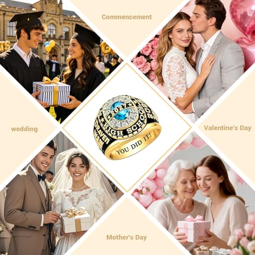 PhaedraOona Class Rings 925 Sterling Silver Personalized Men's Class Ring - Custom Graduation Ring - Perfect High School Graduation Gift for 2026 (Gem Halo-Gold)