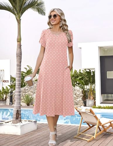 Zeagoo Womens Plus Size Long Dress Floral Sundress for Women Polka Dot Dress Modest Summer Dresses Loose Fit A Line Dresses, Pink Dot 2XL