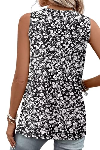 KISSMODA Breezy Floral Top - Soft Square Neck Panel Gathers & Matte Buttons, Black White, Matches Cargo Bermudas for Coastal Hikes & Biker Shorts for Outdoor Yoga L