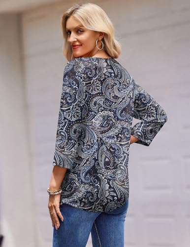Zeagoo Womens Tops 3/4 Length Sleeve Top Seniors Business Casual Blouse Boho Print Crew Neck T-shirt Casual For Spring Spring Summer Basic Blouses Shirts