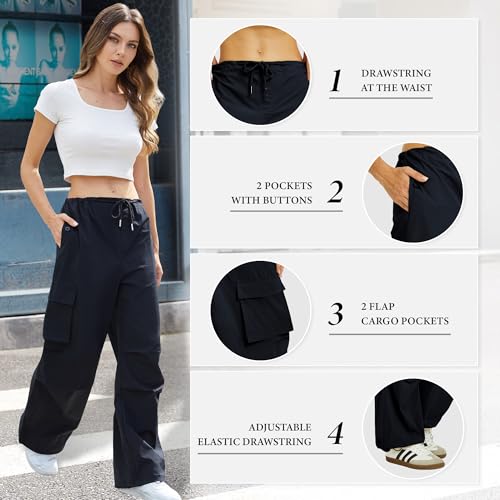 COPYLEAF Cargo Pants Women Low Waisted Parachute Pants with Pockets Loose Baggy Hiking Pants Y2K Clothes Black