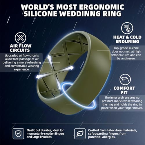 Egnaro Men's Silicone Rings 8mm Wide 2.5mm Thick, Multipack Ergonomic Rubber Wedding Bands For Him, Breathable Grooves For Workout