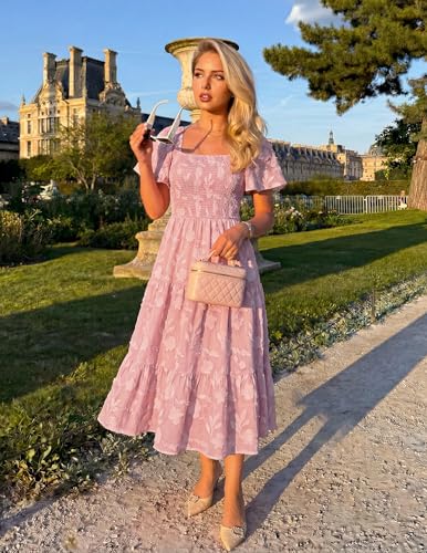 ZESICA Women‘s Summer Boho Floral Midi Dress 2026 Casual Short Sleeve Square Neck Flowy Beach Vacation Long Dress,Pink,Small