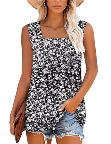 KISSMODA Breezy Floral Top - Soft Square Neck Panel Gathers & Matte Buttons, Black White, Matches Cargo Bermudas for Coastal Hikes & Biker Shorts for Outdoor Yoga L