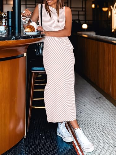 ANRABESS Womens Summer Casual Sleeveless T Shirt Midi Dress Slim Fit Tie Waist Split Tank Long Dresses 2025 Vacation Sundress Striped Pink Large