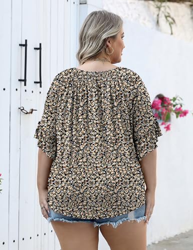 Women's Plus-Size Fashion 2025 Trendy Womens 3/4 Sleeve Tops and Blouses Ruffle Bell Sleeve Pleated Dressy Casual Tops Black Floral