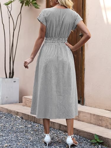 ANRABESS Womens Summer Midi Dress Striped Casual Short Sleeve Crewneck Empire Waist 2026 Flowy Long Beach Dress with Pockets Black White Stripe Medium