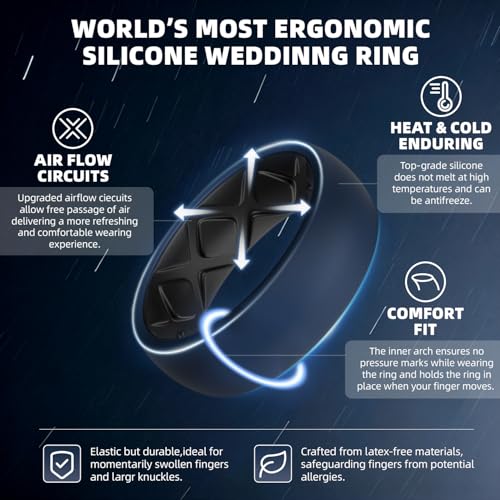Egnaro Silicone Ring Men 1/4/5/6/7 Multipack of Breathable Mens Silicone Rubber Wedding Rings Bands with Air Flow Grooves