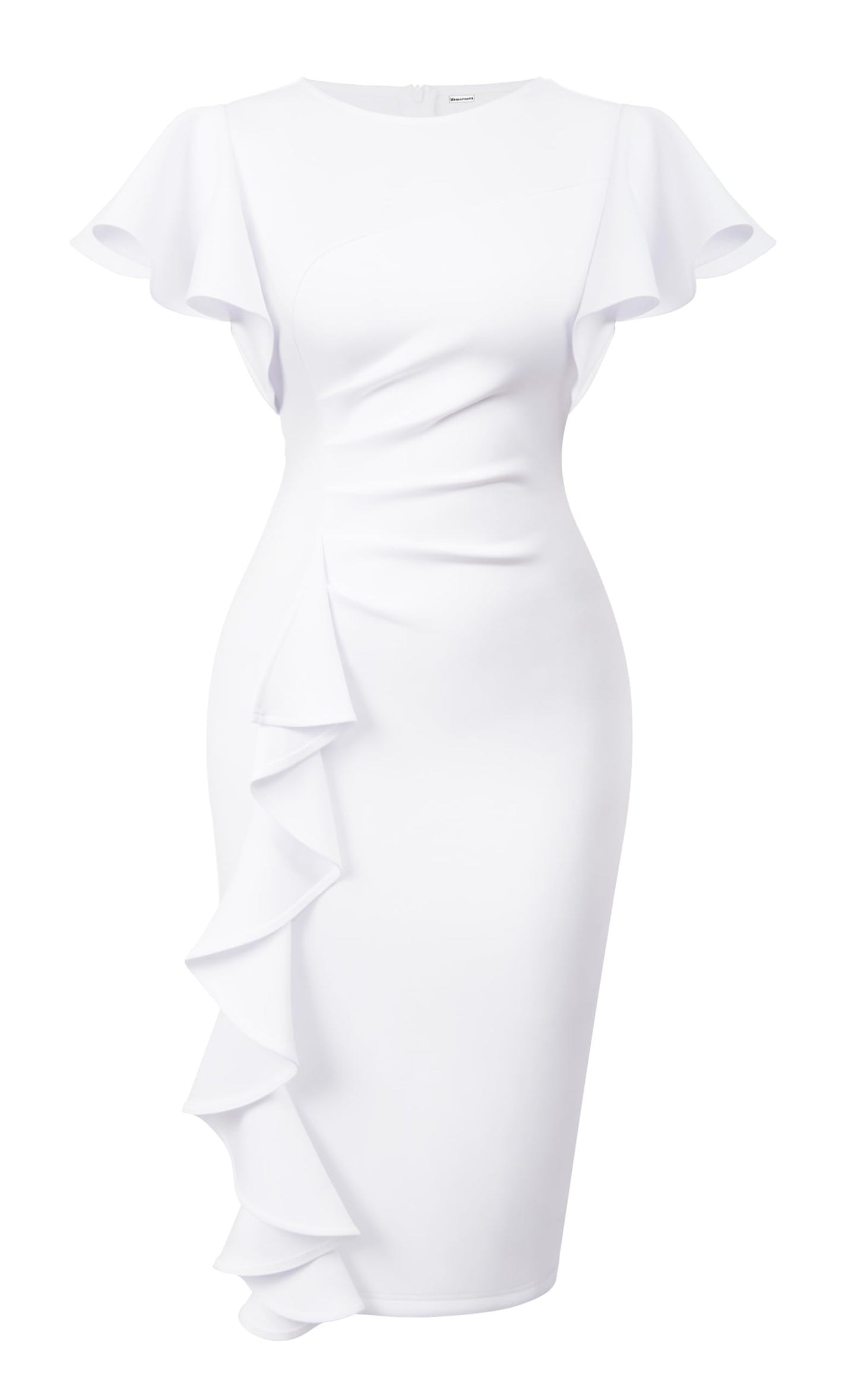 Cato Fashions Online - Women's Vintage Ruffle Sleeve Bodycon Midi Dress - Church Work Office Pencil Dress White