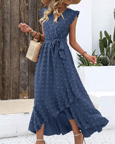 BTFBM Boho Dresses for Women 2026 Summer Fashion Cap Sleeve Swiss Dot Flowy Ruffle Beach Wedding Cocktail Maxi Dress(Blue, Large)