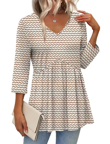 OFEEFAN Plus Size Women Blouses Ladies 3/4 Length Sleeve Tops 2025 Chocolate Brown Fall Clothing Spring Tshirts Shirts for Women Babydoll Tunic Top Cowgirl Western Outfits 2XL