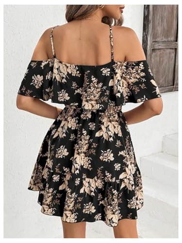 SOLY HUX Women's Boho Floral Print Cold Shoulder Dress Short Sleeve Ruffle A Line Vacation Elegant Mini Dresses Black Large