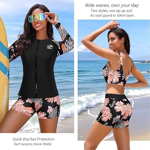 Holipick Orange Floral Long Sleeve Swimsuits for Women - 3 Piece Rash Guard with Shorts Zipper SPF Swim Shirt with Built in Bra L
