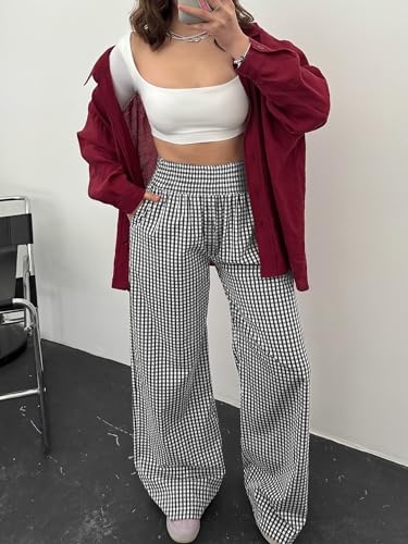 ANRABESS Womens Palazzo Pants, Striped & Gingham, Lounge & Casual, Cute Pajama Pants, Wide Leg, High Waisted, Pockets Black White Plaid Large