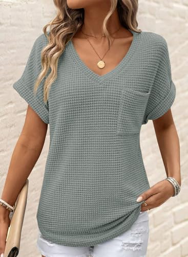 Dokotoo Womens Summer Tops for Women Blouses 2026 Early Spring Fashion Clothing Outfits Tops Trendy Blouses Business Dressy Sweaters Casual Cute Tunic Waffle Knit Oversized Tshirts T Shirts Basic Tee
