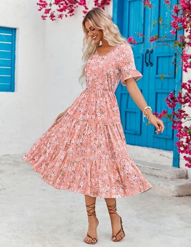 Zeagoo Women's Summer Flowy Midi Dress Casual Ruffle Sleeve V Neck Beach Dress Tiered Floral Flowy Beach Dress