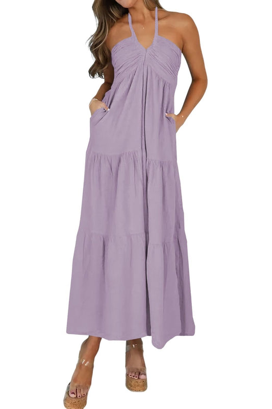 Blue Casual Dresses - Women's Halter Tiered Maxi Dress - Vacation Casual with Pockets