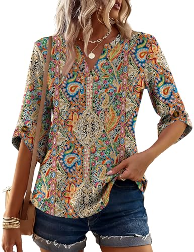 Kistore Boho Tops for Women Going Out 3/4 Sleeve Blouses Dressy Casual V Neck Spring Flowy Shirts Colorful Floral M