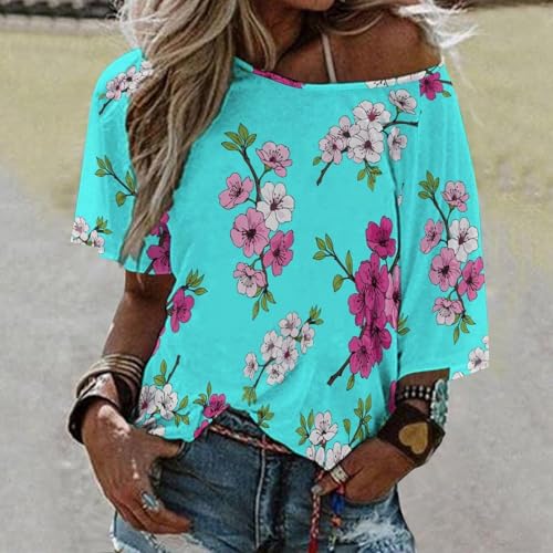 Off Shoulder Mid Sleeve Top Flowy Soft Women's Shirt Daily Wear Fashion Spring Blossom Cherry Peach Flower Pattern 3XL