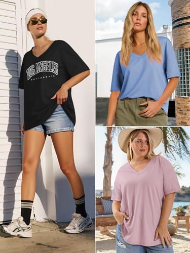 ATHMILE Womens Summer Oversized Shirts V Neck Plus Size Spring Workout Tops Beach Vacation 2025 Gym Clothes Khaki