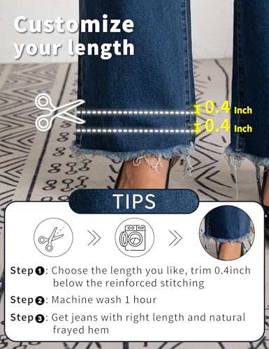 JK SUE JONES Wide Leg Jeans for Women Mid High Waist Straight Leg Boyfriend Mom Denim Pants Frayed Raw Hem