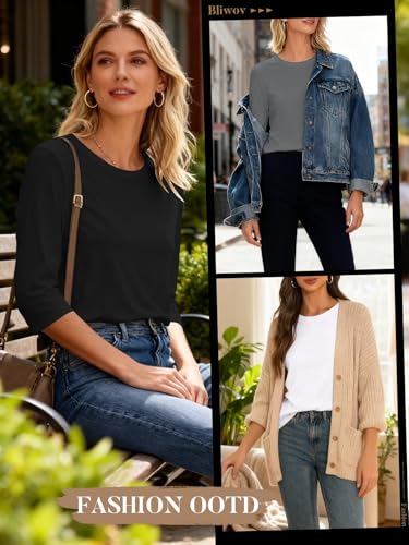 Bliwov 3 Pack 3/4 Sleeve Tops for Women Crewneck Basics Casual Work Tees Spring Summer Trendy T Shirts 2026 Clothes Blouses