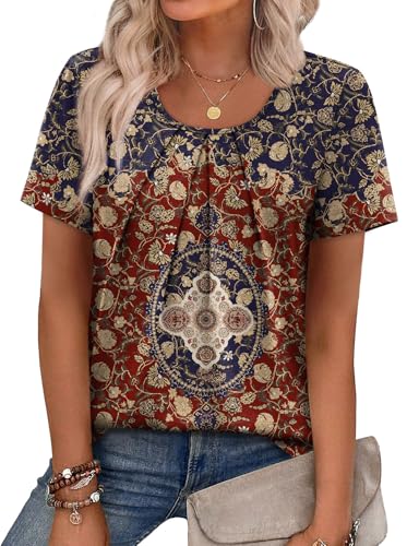 WIHOLL Wine Tops for Women Short Sleeve Blouses Dressy Casual Plus Size Fashion Clothing 2026 Summer Vacation Outfits Boho Print L