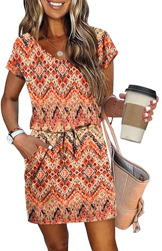 Summer Dresses for Women 2025 Loose V Neck T Shirt Tie Waist Casual Dress Sundresses with Pockets Floral L