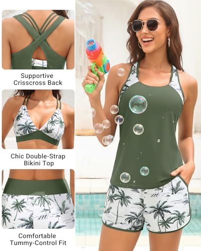 Daci Green Palm Tree Women 3 Piece Tankini Swimsuits - Tummy Control Tank Top with Bra Modest Bathing Suit with Pockets Boyshorts Bottom 2026 L