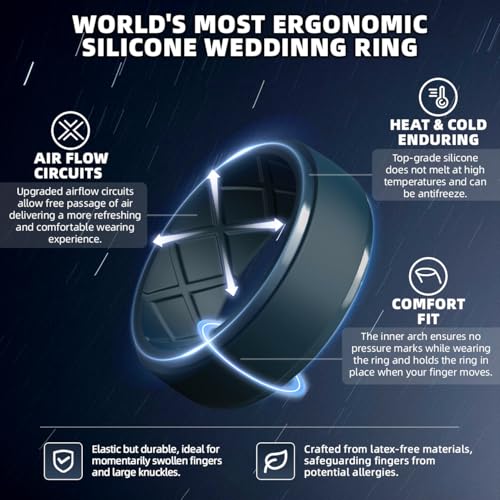 Egnaro Men's Silicone Rings 10mm Wide 2.5mm Thick Rubber Wedding Bands, Multipack 1/4/7 Breathable Comfort Fit For Workout
