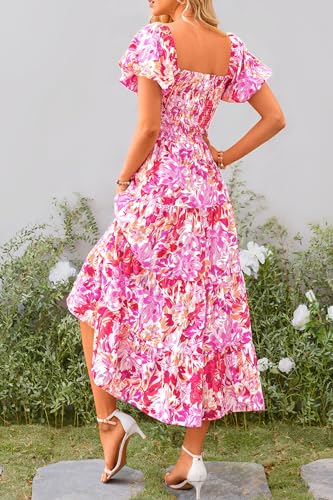 PRETTYGARDEN Women's Casual Summer Midi Dress Puffy Short Sleeve Square Neck Smocked Tiered Ruffle Dresses (Floral Rose Red,Large)