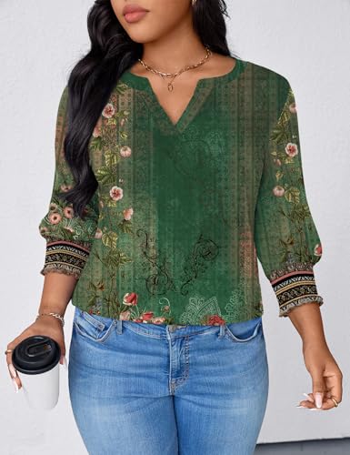 TFSDOD Boho Tops for Women Spring Fashion 2026 3/4 Sleeve V Neck T Shirts Womens Tops Plus Size Western Wear for Women Boho Green 3X