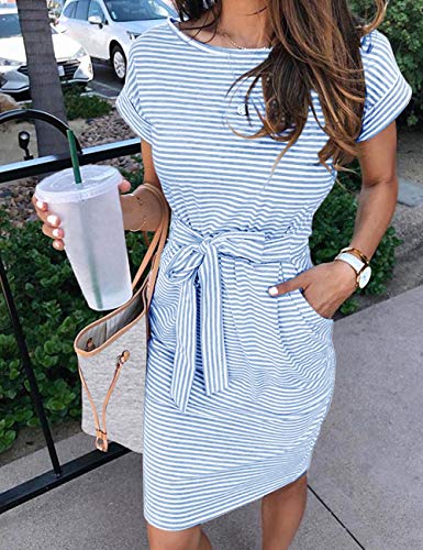 MEROKEETY Women's 2026 Summer Casual T Shirt Dress Short Sleeve Striped Tie Waist Work Vacation Trendy Short Dresses, Blue, L