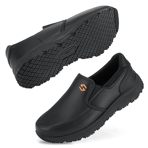 HISEA Non Slip Work Shoes for Men, Water & Oil Resistant Leather Slip on Kitchen Shoes, Comfortable Mens Slip Resistant Chef Shoes for Restaurant Food Service, Lightweight Walking Shoes, Black