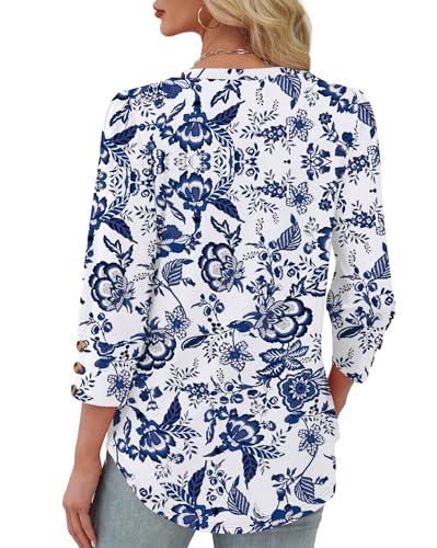 XIEERDUO Plus Size Womens Clothing Summer Tops 2026 Beach Fashion Vacation Clothes 3/4 Length Sleeve Womens Tops Fall Fashion Outfits Blouses Shirts F-White Tribal Blue Floral XXL
