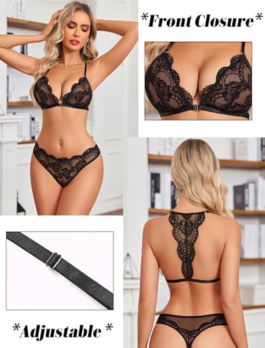 Avidlove Lingerie Sets for Women Sexy Lace Floral Bra Front Closure and Panty Set Wireless 2 Piece Underwear Outfits Black L