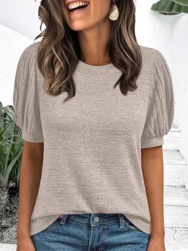 AUTOMET Womens Tops Summer Sweater Spring Tunic Dressy Casual Blouses Business Cute Trendy Short Sleeve Shirt 2026 Khaki L