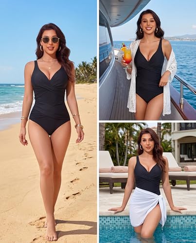 Smismivo Tummy Control Swimsuits for Women Slimming One Piece Bathing Suit Modest Padded Ruched Push Up Long Torso Curvy Shapewear V Neck Criss Cross Swimming Suits Full Coverage Swimwear (Black)