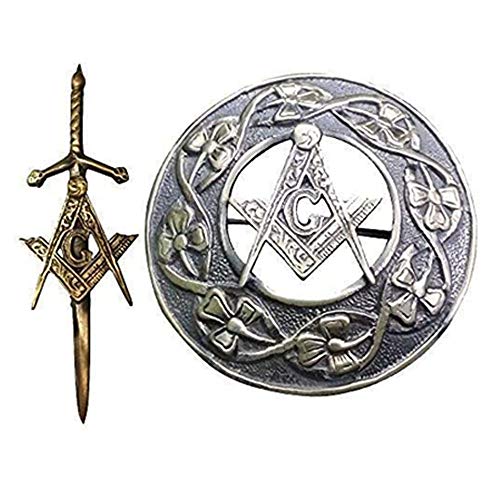 Tartancity Scottish Various Designs Kilt Pin & Fly Plaid Brooches Set Various Finishes (Masonic Kilt Pin/Celtic Masonic Cross Brooch)