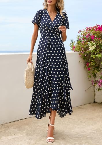 PRETTYGARDEN Women's Boho Floral Maxi Dress Summer Short Sleeve Wrap V Neck Long Flowy Beach Vacation Wedding Guest Dresses (Dot Navy White,Large)