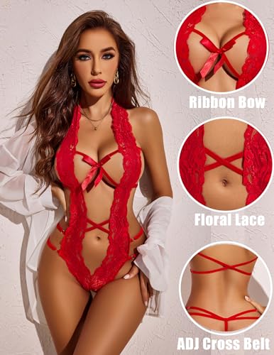 Avidlove Sexy Lingerie For Women Deep V Halter Lingerie Teddy One Piece Bodysuit Lace Babydoll (S, Red)