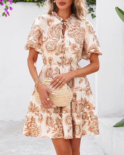 BTFBM Women Summer Floral Short Dresses V Neck Short Sleeve Tiered Ruffle Boho Swing Dress A-Line Mini Dresses(White Apricot Floral,Large)