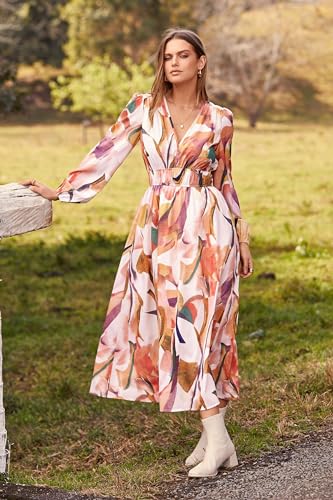 PRETTYGARDEN Women's Floral Midi Dress Casual Fall V Neck Long Sleeve Flowy Spring Beach Wedding Guest Vacation Dresses (Pink Watercolour,Large)