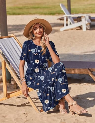 Zeagoo Womens Midi Dresses Spring 2026 Casual Summer Dress Floral Long Dress Ladies Tiered Summer Dresses with Pockets, Navy Floral 01,XL
