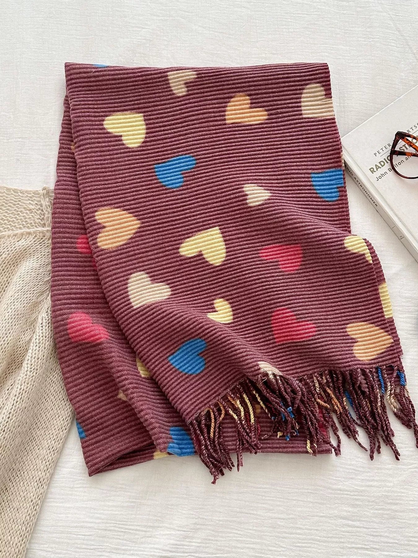 Heart Patterned Tassel Scarf