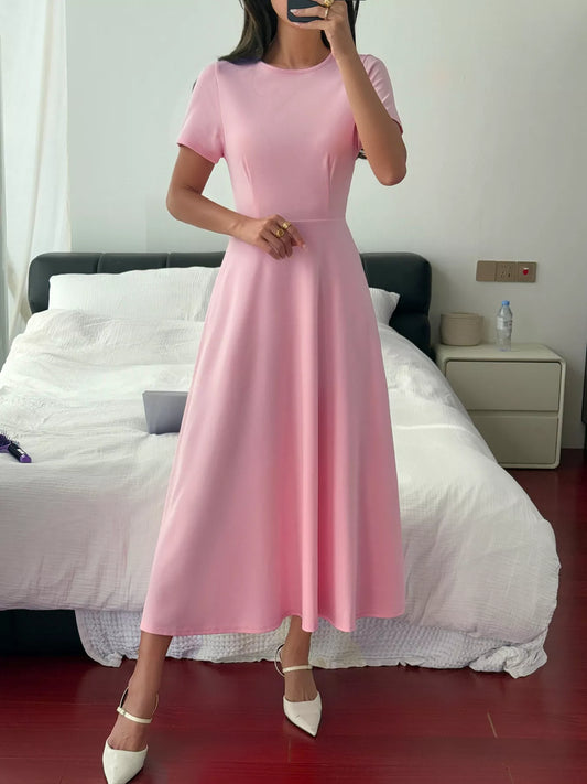 Round Neck Short Sleeve A-Line Dress