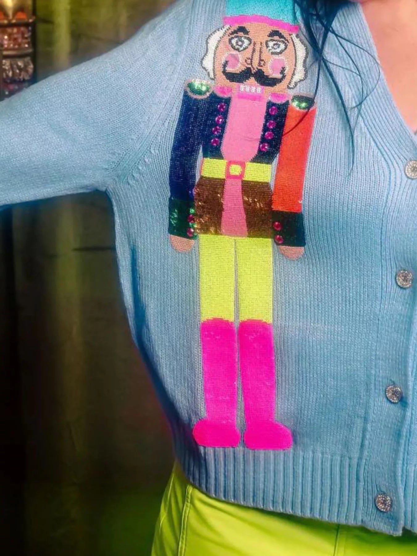 Nutcracker Ribbed Hem V-Neck Cardigan